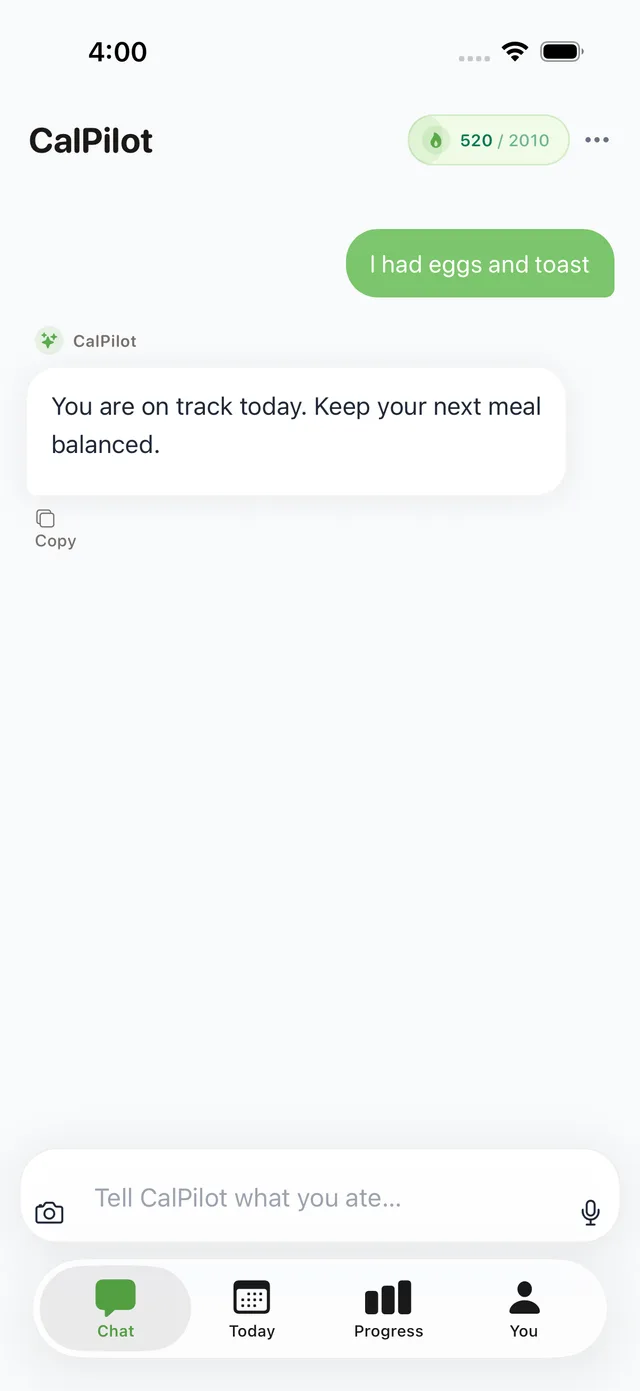 CalPilot replying to the message "I had eggs and toast"