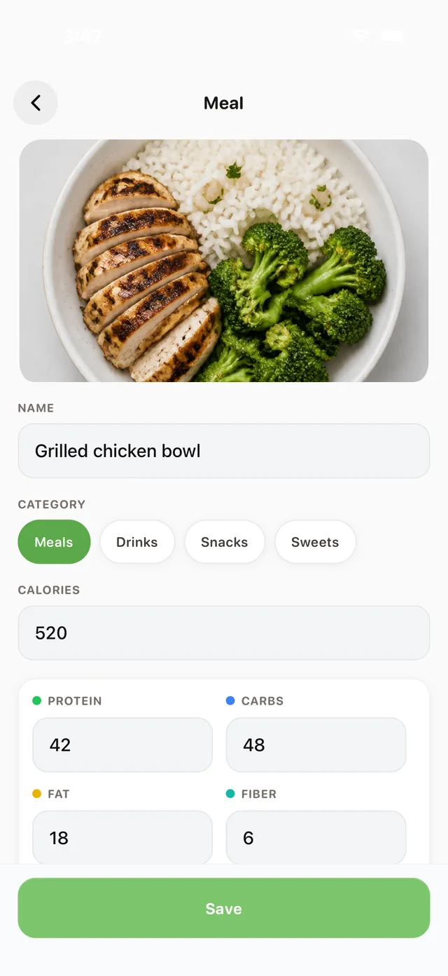 CalPilot meal detail for a grilled chicken bowl at 520 calories with protein, carbs, fat and fiber